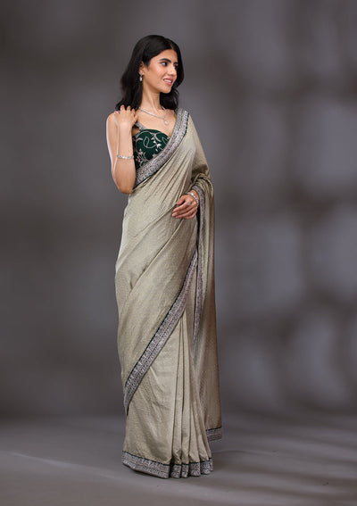 Pista Green Threadwork Raw Silk Saree-Koskii