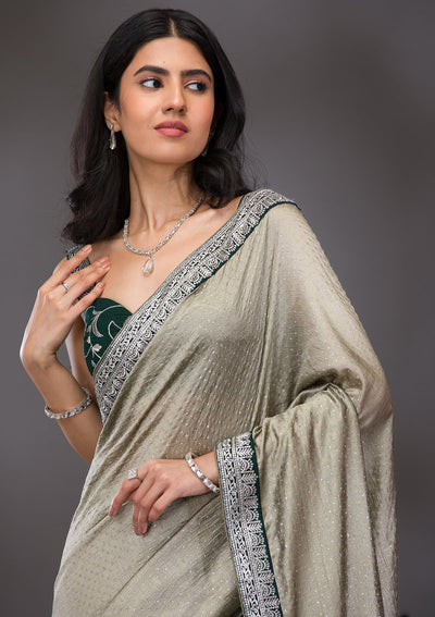 Pista Green Threadwork Raw Silk Saree-Koskii