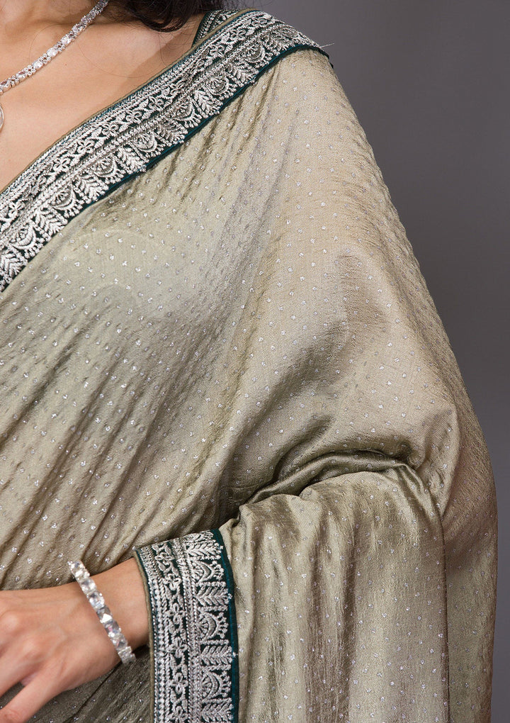 Pista Green Threadwork Raw Silk Saree-Koskii