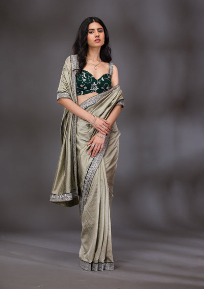 Pista Green Threadwork Raw Silk Saree-Koskii