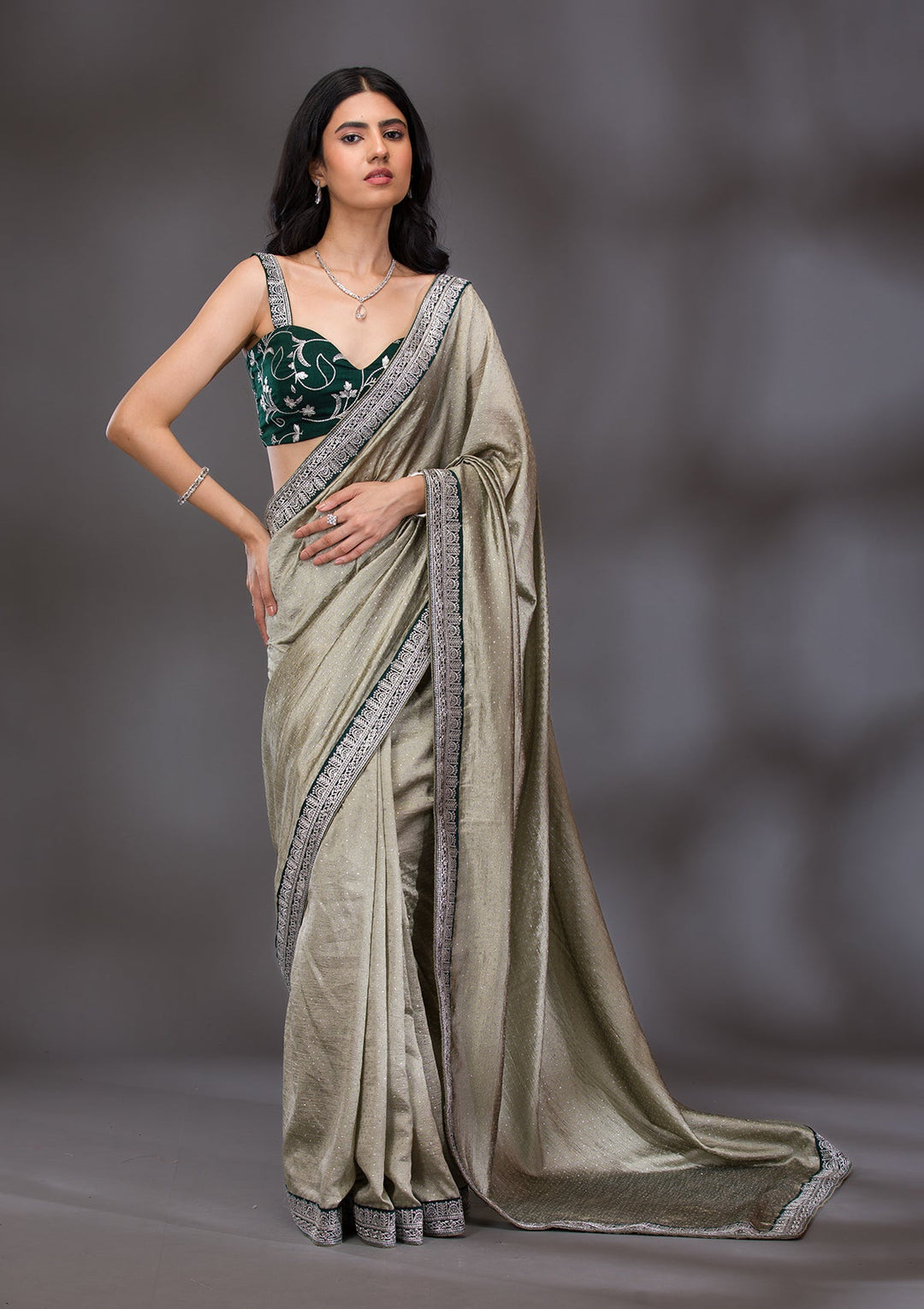 Pista Green Threadwork Raw Silk Saree-Koskii