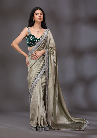 Pista Green Threadwork Raw Silk Saree-Koskii