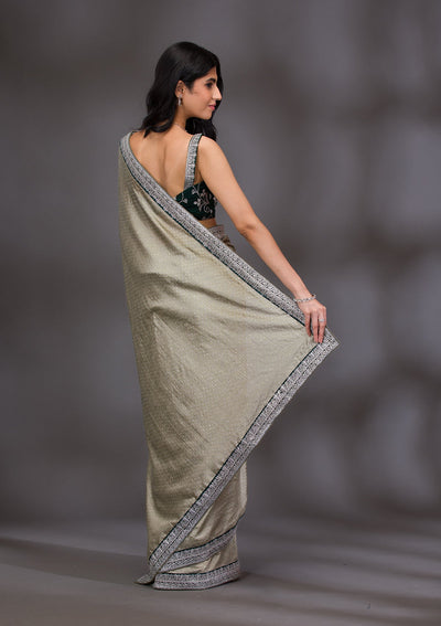 Pista Green Threadwork Raw Silk Saree-Koskii