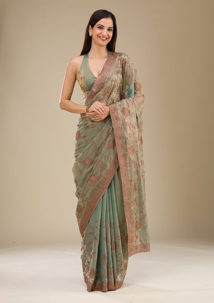 Pista Green Threadwork Raw Silk Saree-Koskii