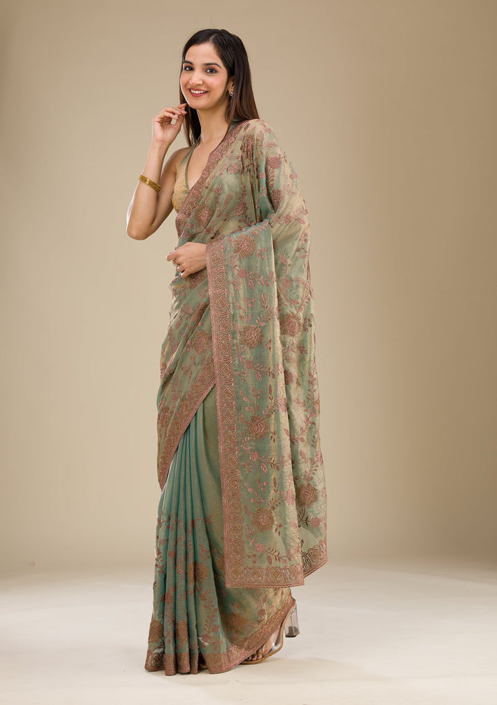 Pista Green Threadwork Raw Silk Saree-Koskii