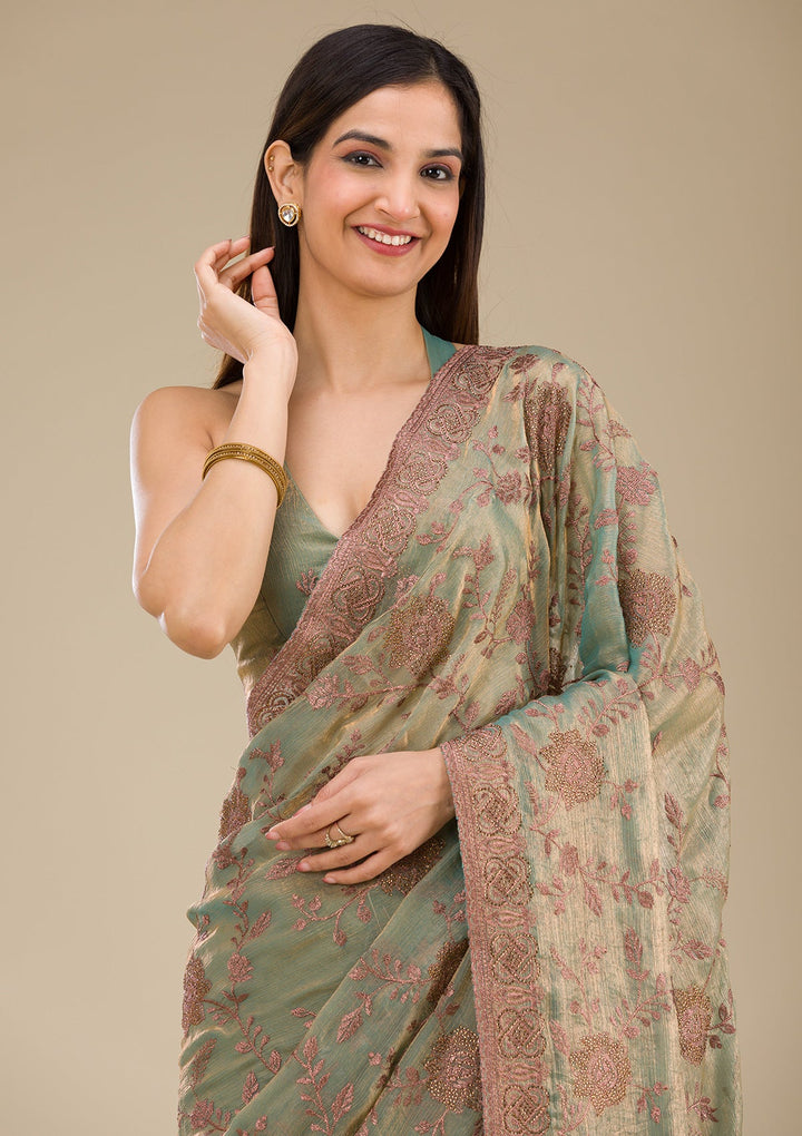 Pista Green Threadwork Raw Silk Saree-Koskii