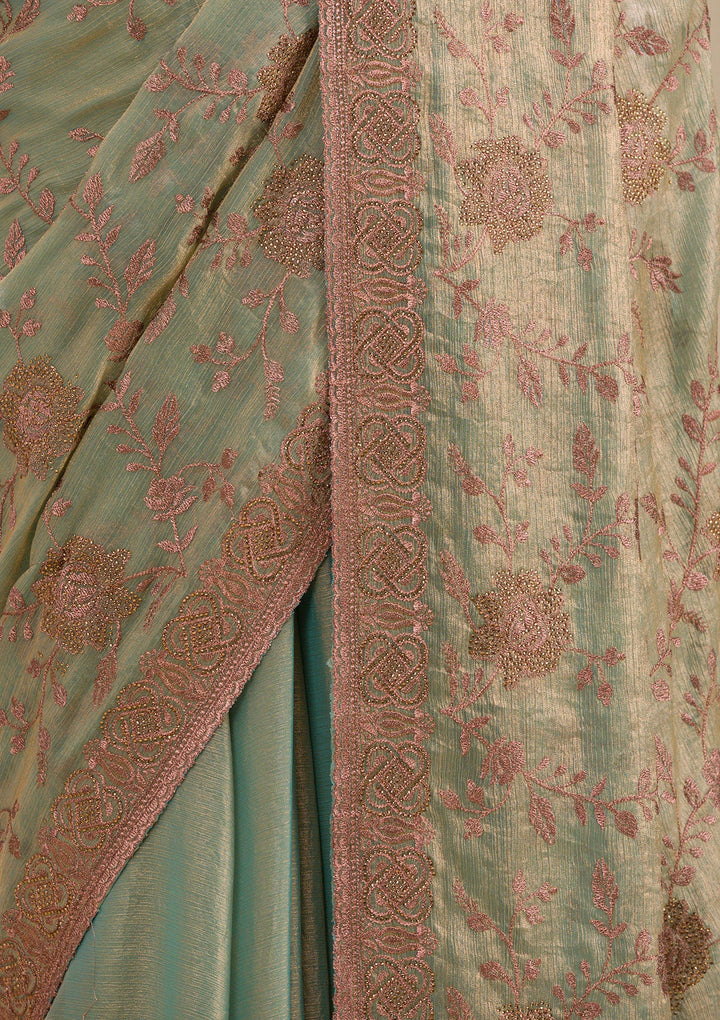 Pista Green Threadwork Raw Silk Saree-Koskii