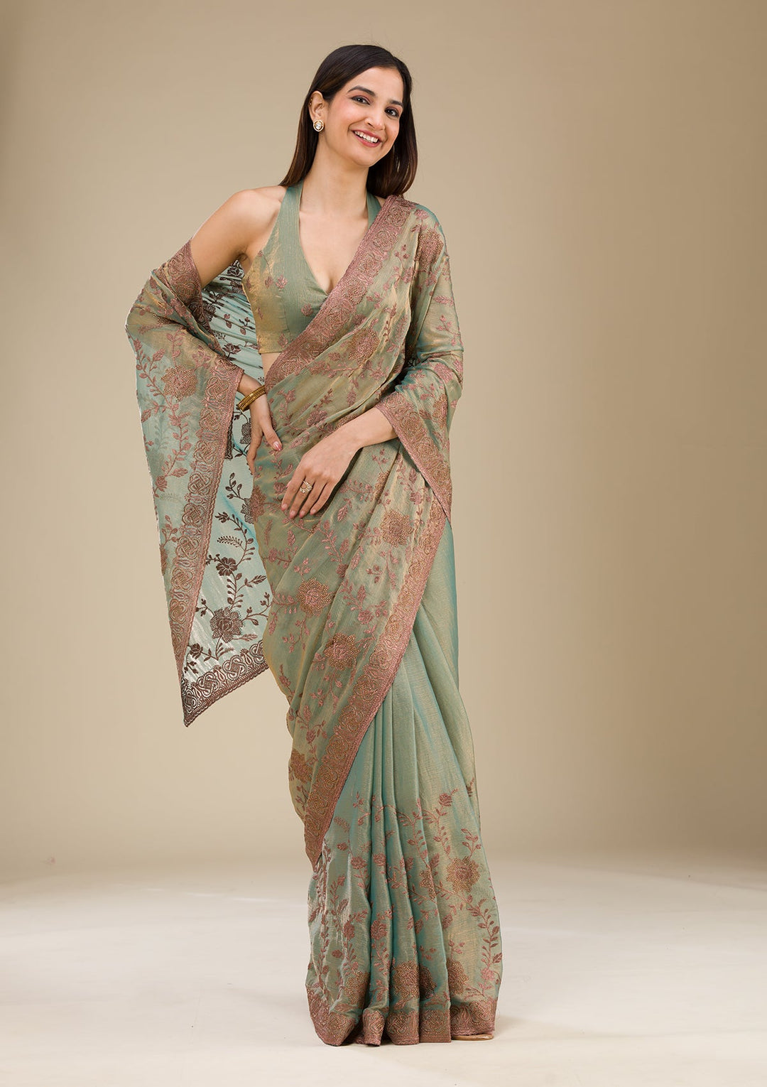 Pista Green Threadwork Raw Silk Saree-Koskii