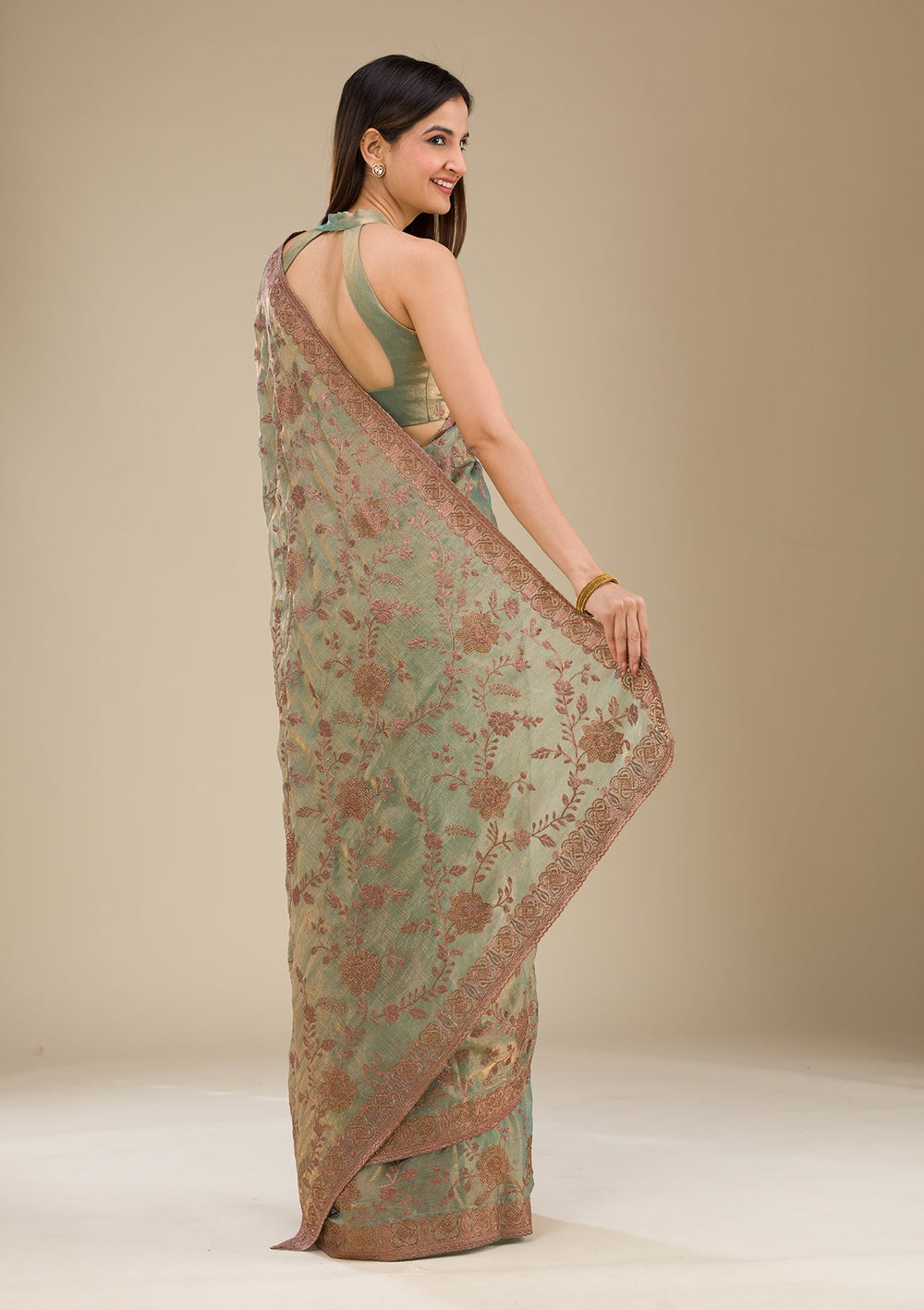 Pista Green Threadwork Raw Silk Saree-Koskii
