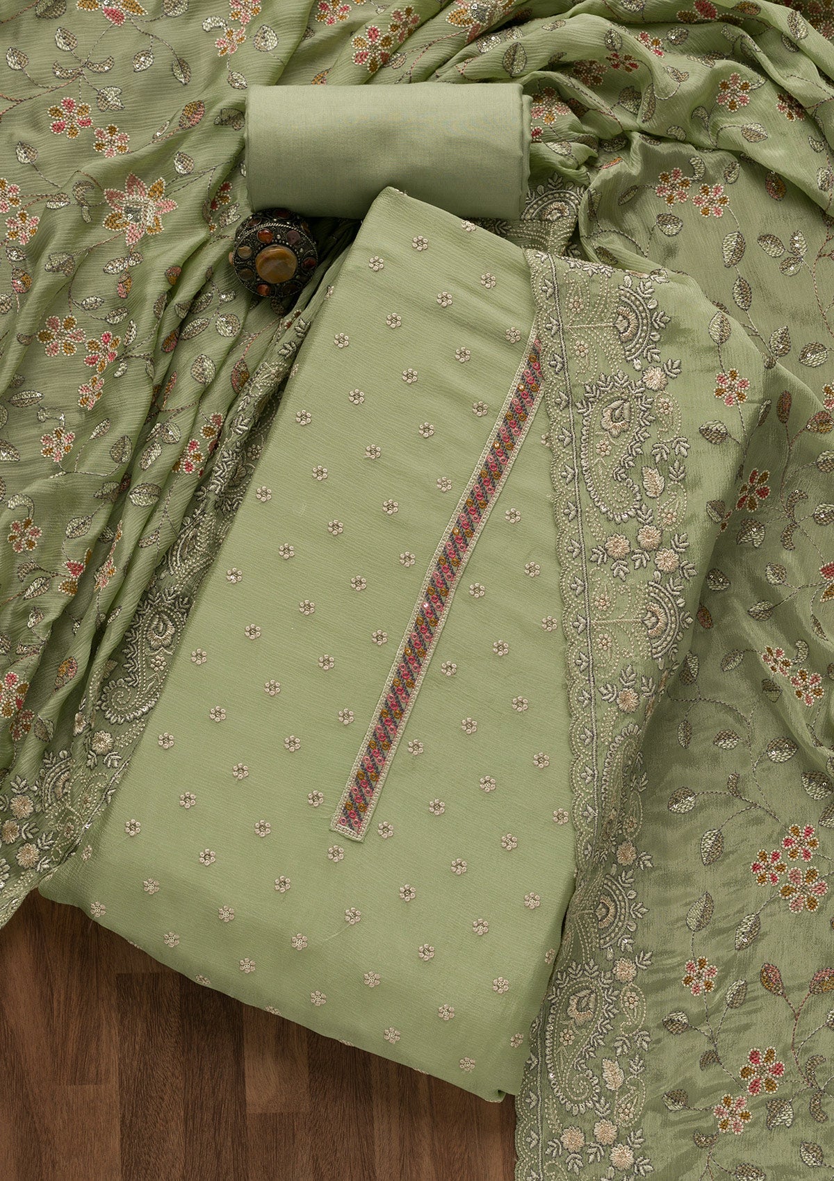 Pista Green Threadwork Semi Crepe Unstitched Salwar Suit-Koskii