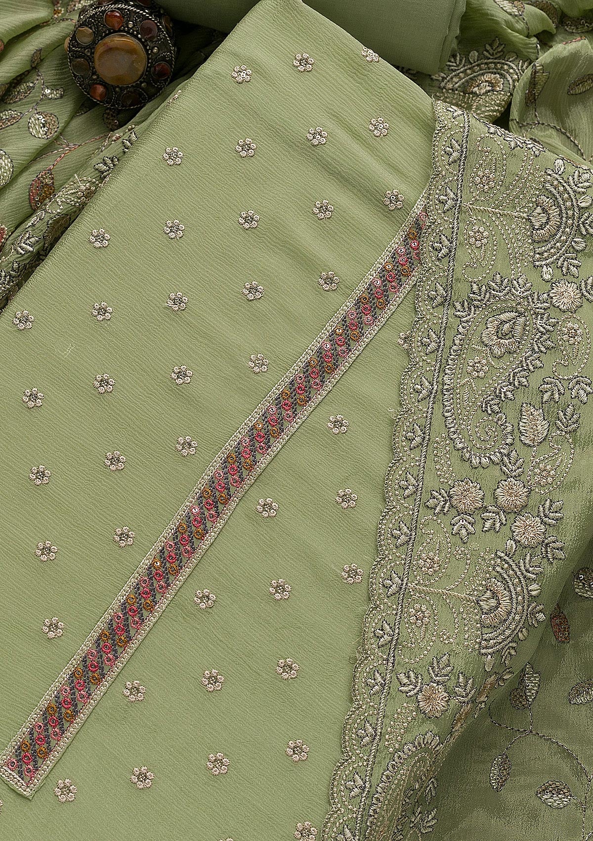 Pista Green Threadwork Semi Crepe Unstitched Salwar Suit-Koskii