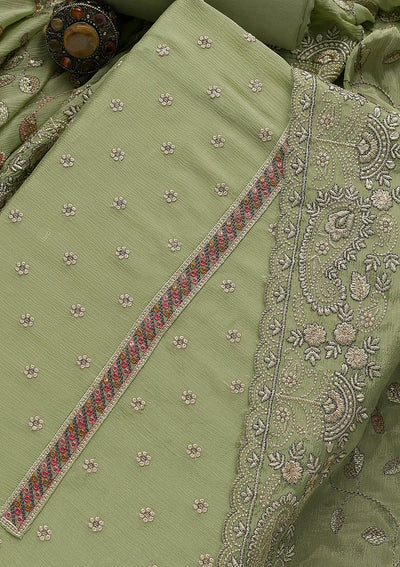 Pista Green Threadwork Semi Crepe Unstitched Salwar Suit-Koskii