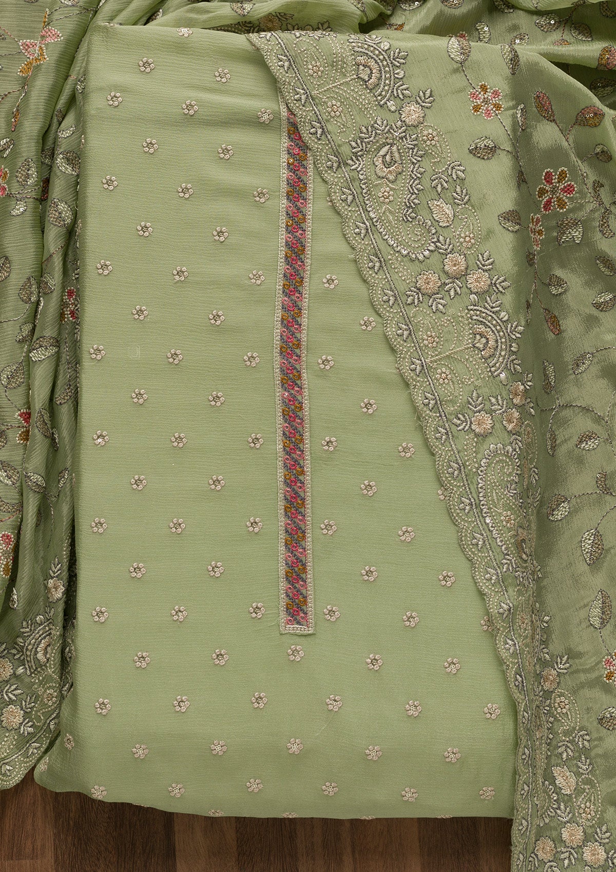 Pista Green Threadwork Semi Crepe Unstitched Salwar Suit-Koskii