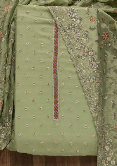 Pista Green Threadwork Semi Crepe Unstitched Salwar Suit-Koskii