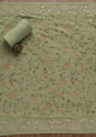 Pista Green Threadwork Semi Crepe Unstitched Salwar Suit-Koskii