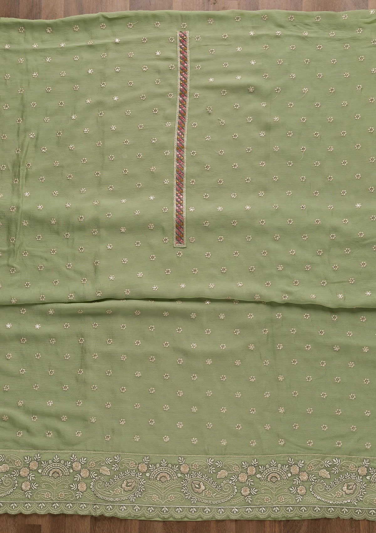 Pista Green Threadwork Semi Crepe Unstitched Salwar Suit-Koskii