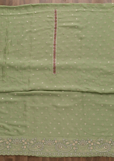 Pista Green Threadwork Semi Crepe Unstitched Salwar Suit-Koskii