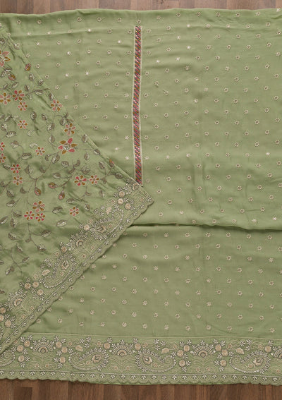 Pista Green Threadwork Semi Crepe Unstitched Salwar Suit-Koskii