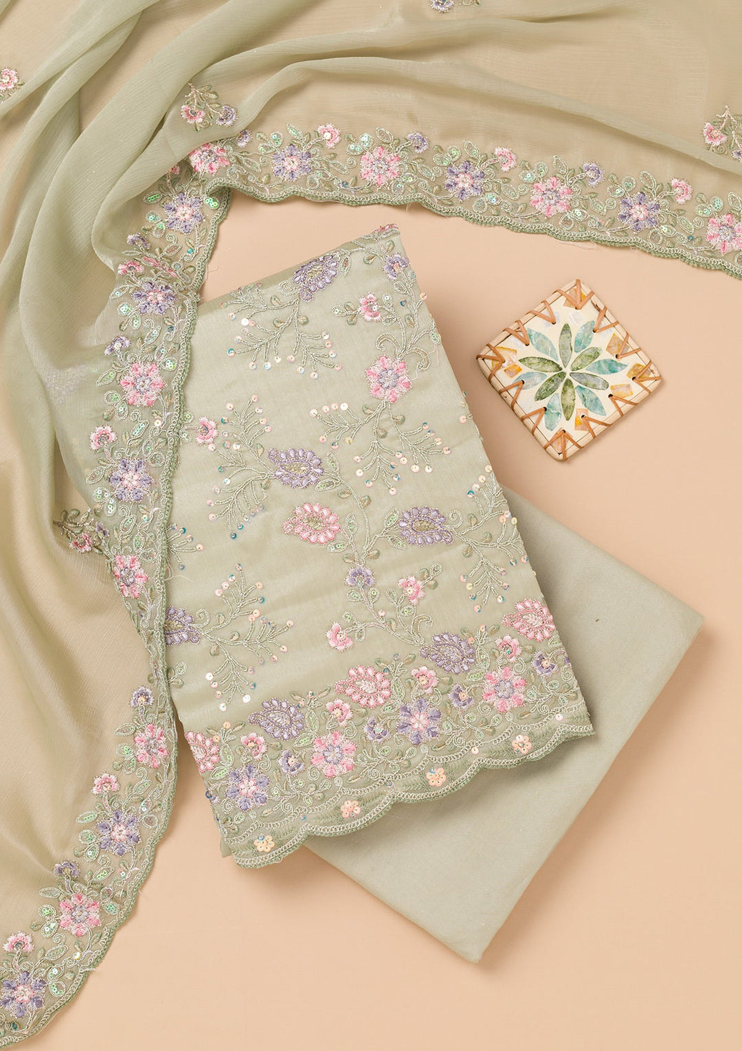 Pista Green Threadwork Semi Crepe Unstitched Salwar Kameez-Koskii