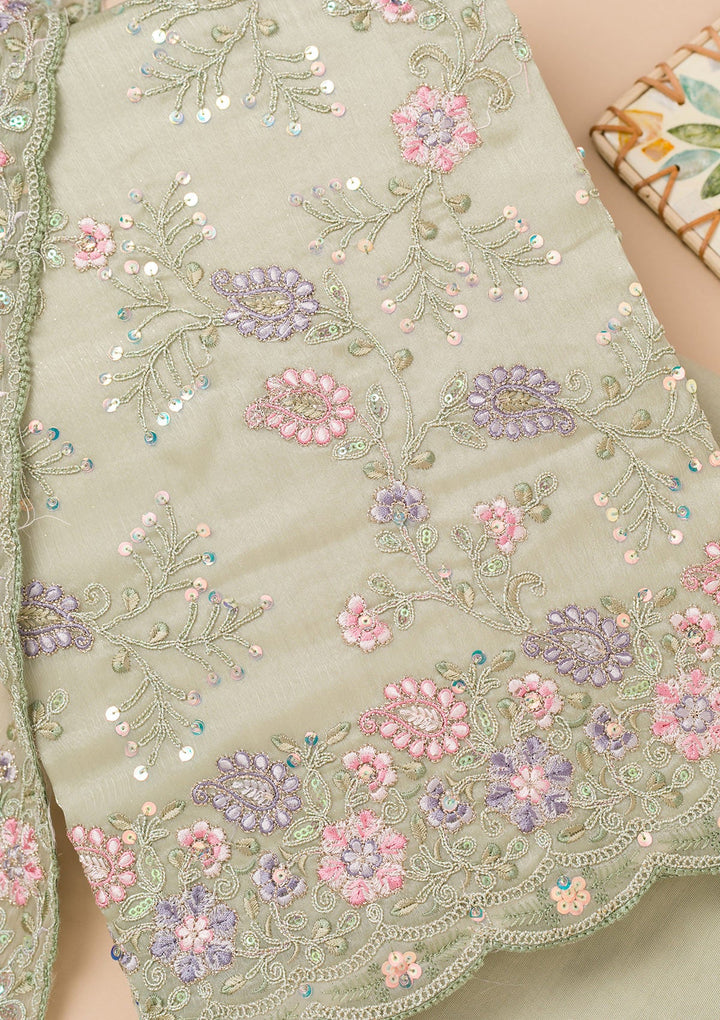Pista Green Threadwork Semi Crepe Unstitched Salwar Kameez-Koskii