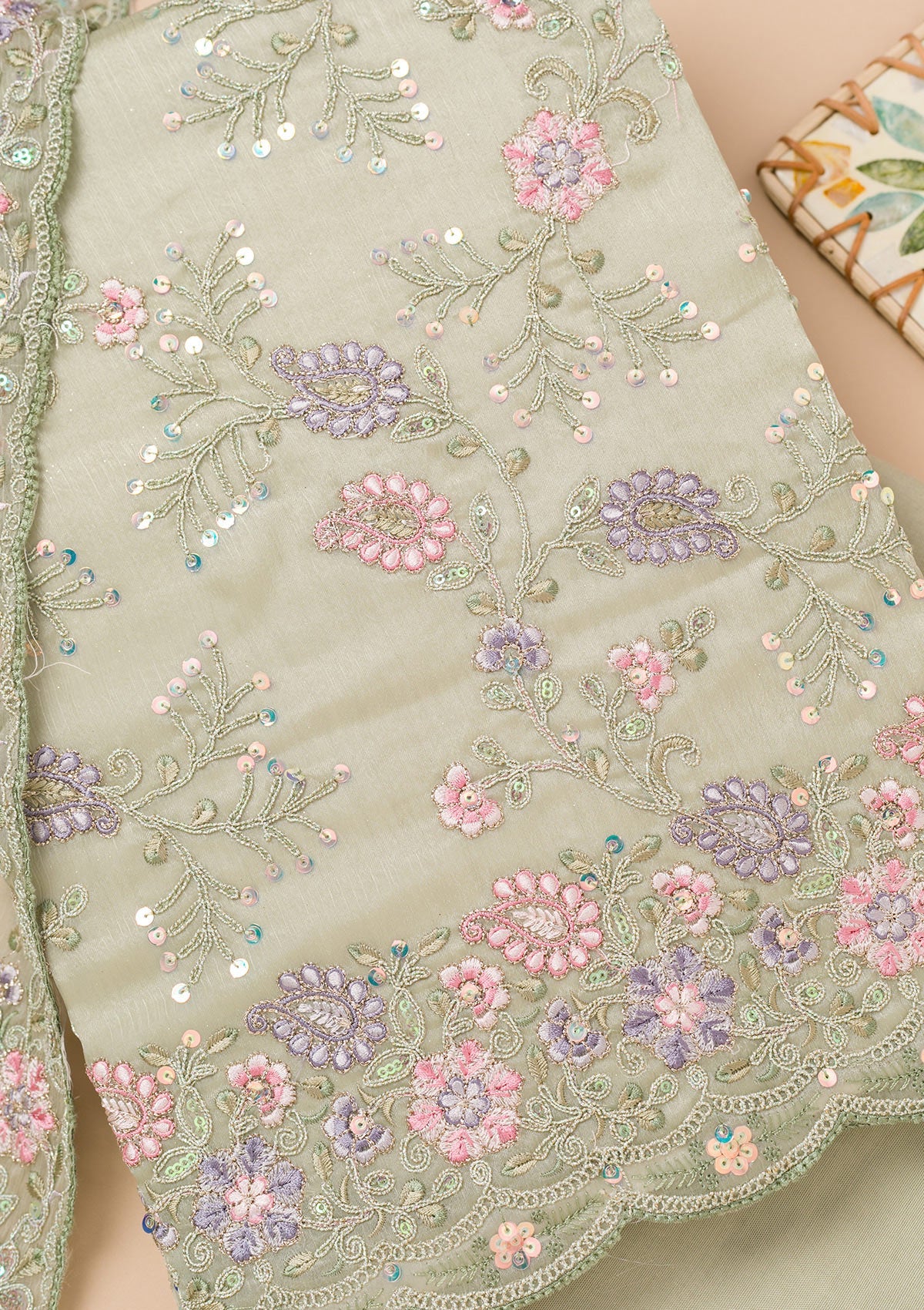 Pista Green Threadwork Semi Crepe Unstitched Salwar Kameez-Koskii