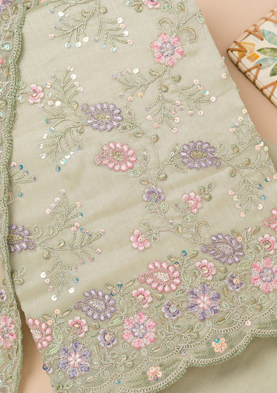 Pista Green Threadwork Semi Crepe Unstitched Salwar Kameez-Koskii