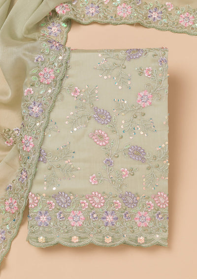 Pista Green Threadwork Semi Crepe Unstitched Salwar Kameez-Koskii