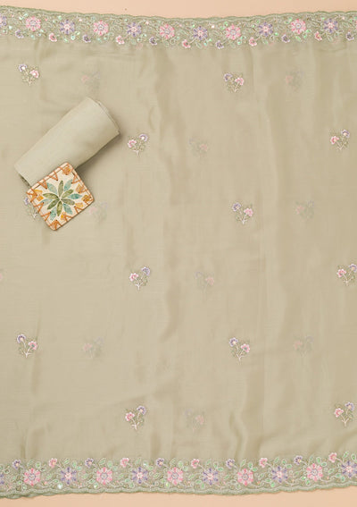 Pista Green Threadwork Semi Crepe Unstitched Salwar Kameez-Koskii