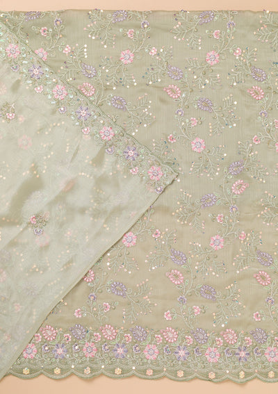 Pista Green Threadwork Semi Crepe Unstitched Salwar Kameez-Koskii