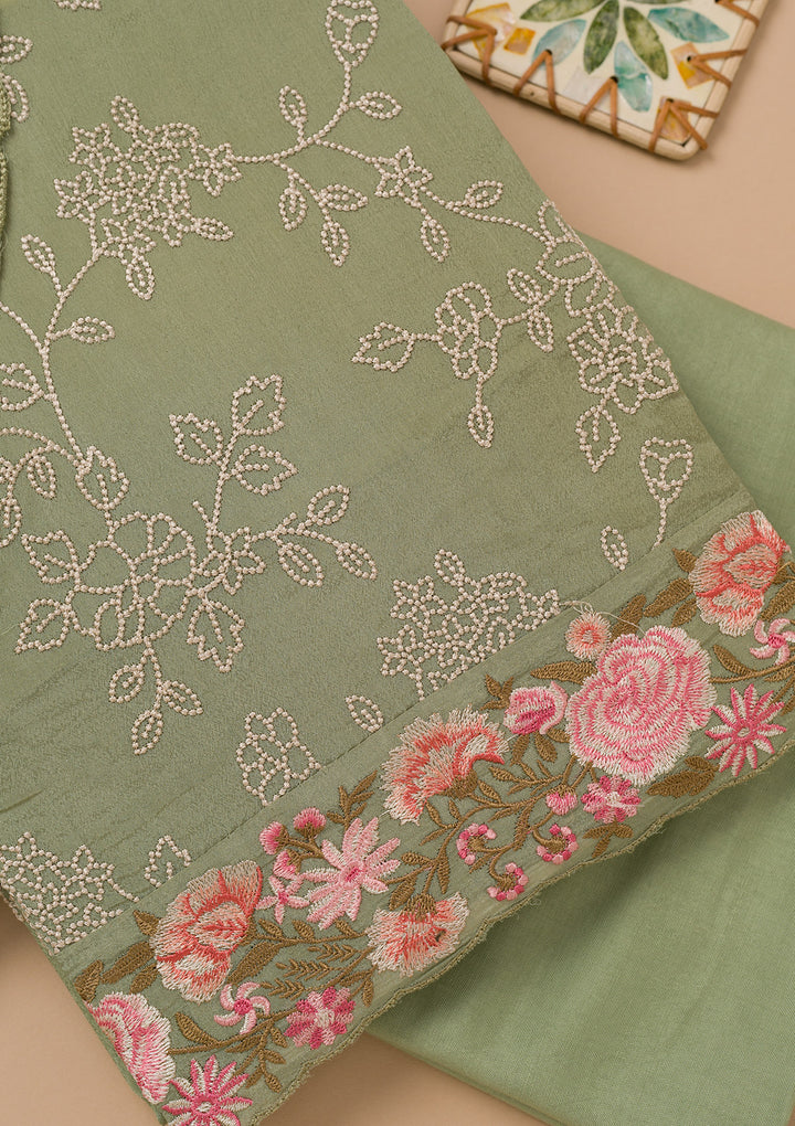 Pista Green Threadwork Semi Crepe Unstitched Salwar Suit