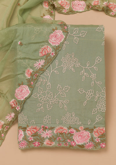 Pista Green Threadwork Semi Crepe Unstitched Salwar Suit