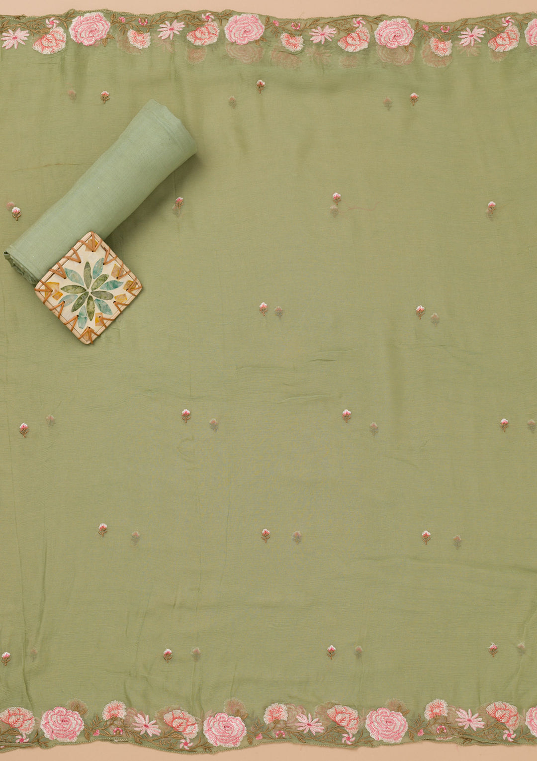 Pista Green Threadwork Semi Crepe Unstitched Salwar Suit