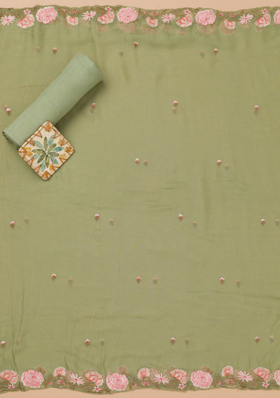 Pista Green Threadwork Semi Crepe Unstitched Salwar Suit