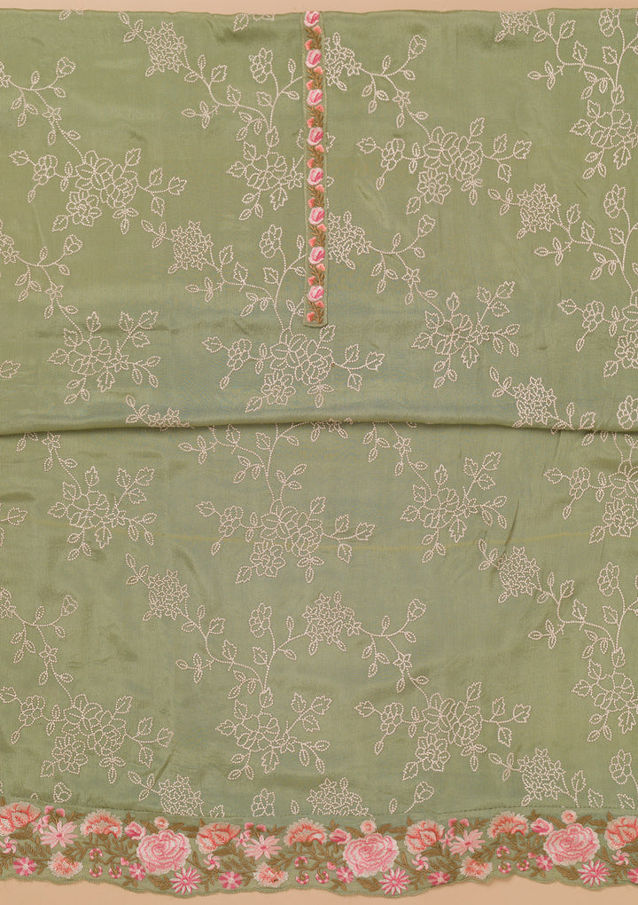 Pista Green Threadwork Semi Crepe Unstitched Salwar Suit