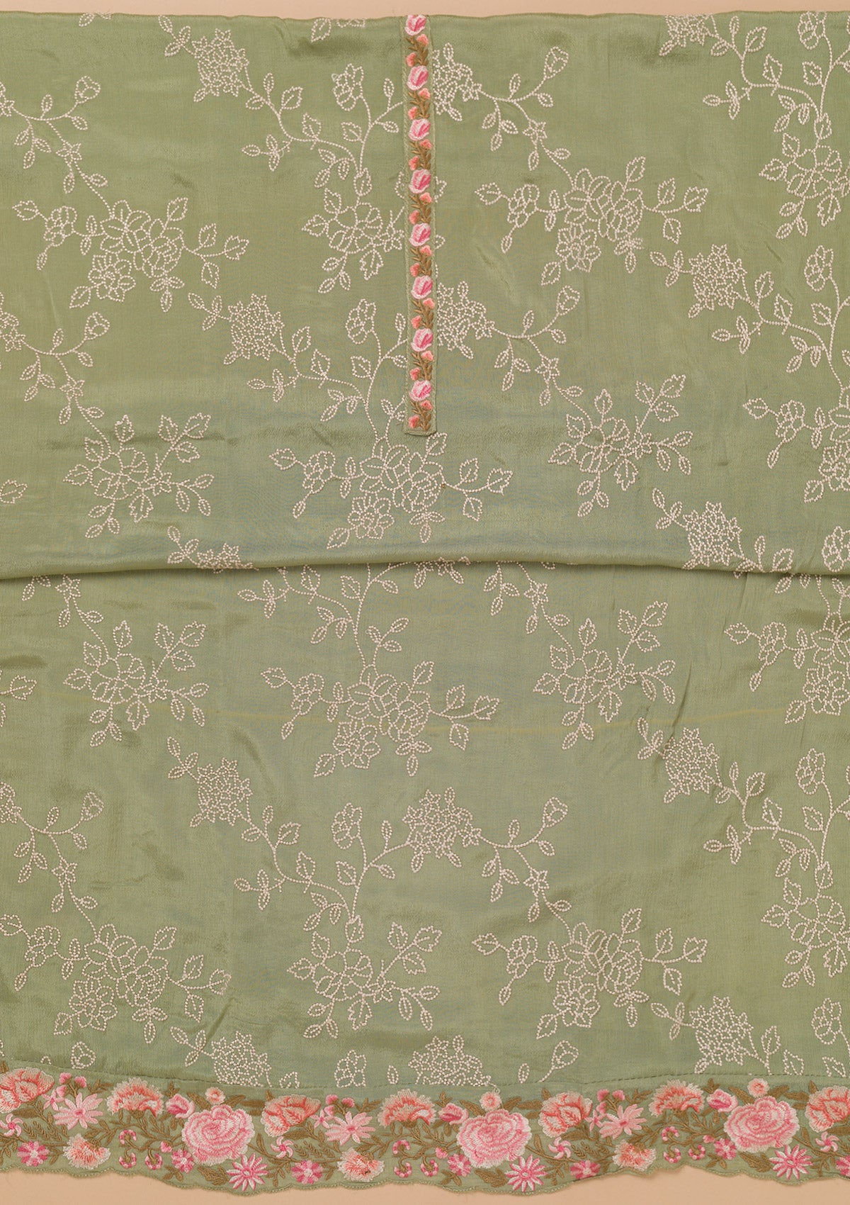 Pista Green Threadwork Semi Crepe Unstitched Salwar Suit