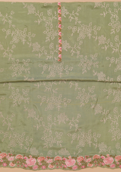 Pista Green Threadwork Semi Crepe Unstitched Salwar Suit