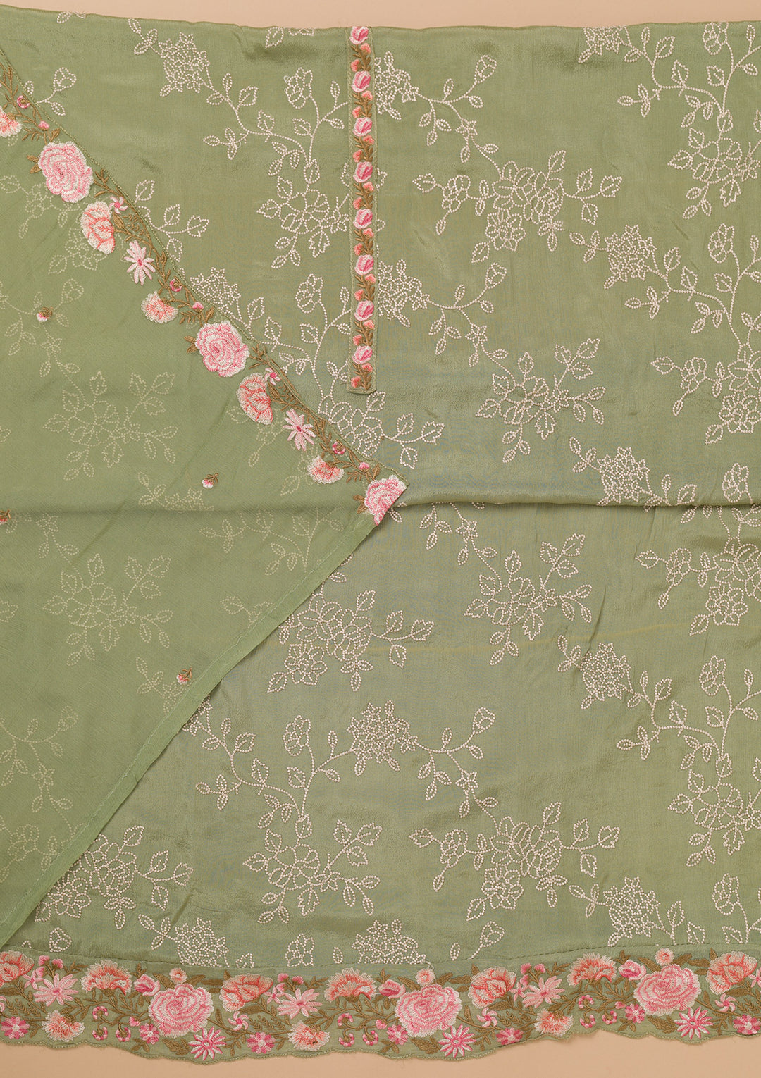 Pista Green Threadwork Semi Crepe Unstitched Salwar Suit