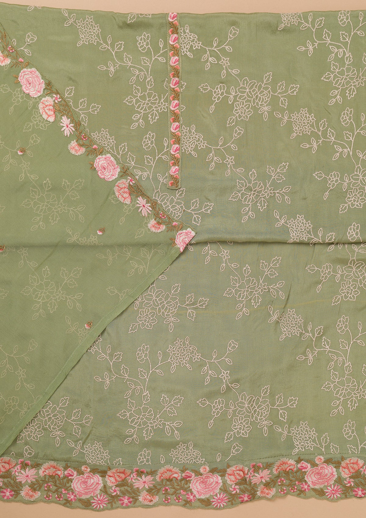 Pista Green Threadwork Semi Crepe Unstitched Salwar Suit