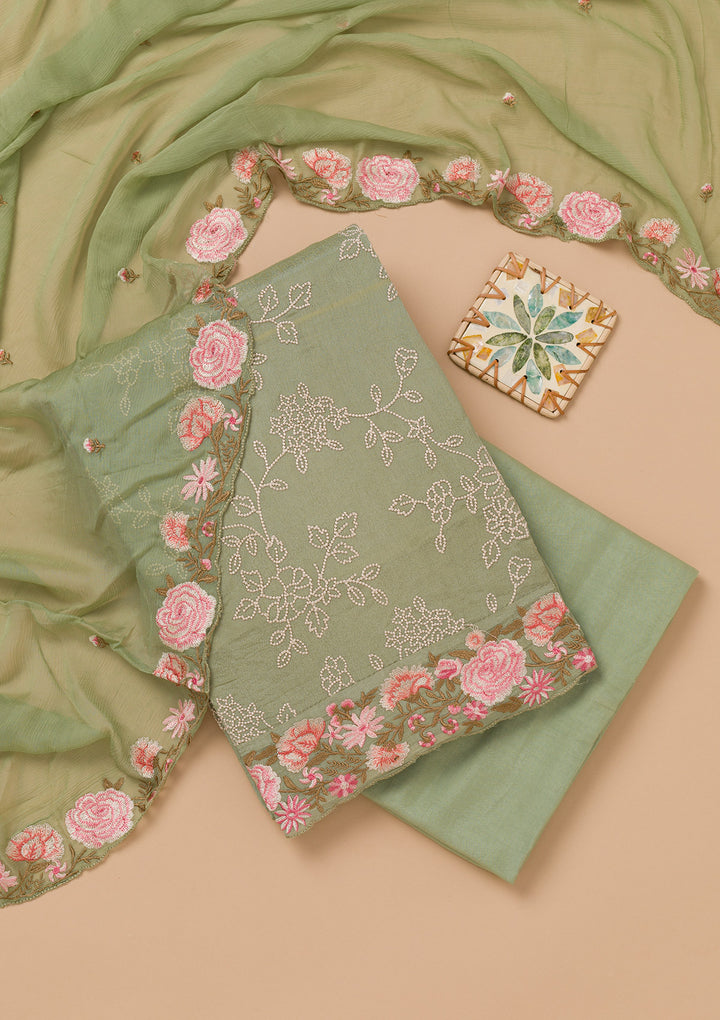 Pista Green Threadwork Semi Crepe Unstitched Salwar Suit