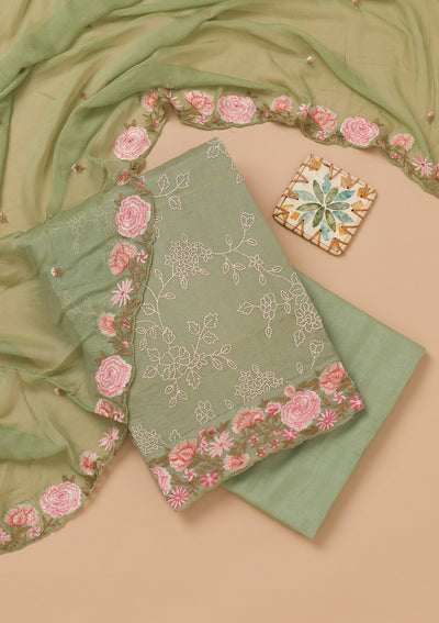 Pista Green Threadwork Semi Crepe Unstitched Salwar Suit
