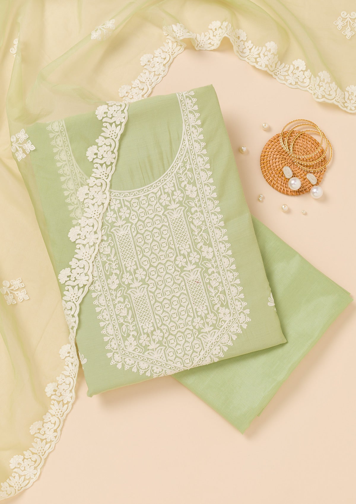 Pista Green Threadwork Semi Crepe Unstitched Salwar Suit-Koskii