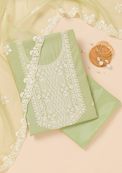 Pista Green Threadwork Semi Crepe Unstitched Salwar Suit-Koskii
