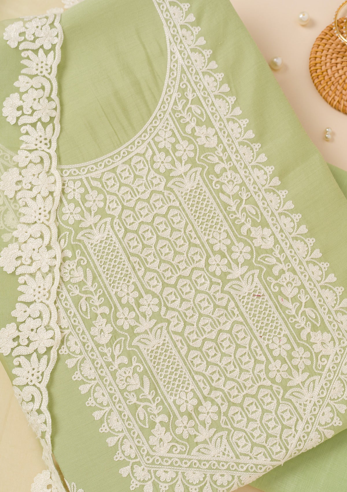 Pista Green Threadwork Semi Crepe Unstitched Salwar Suit-Koskii