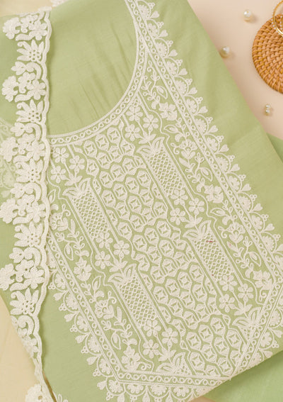 Pista Green Threadwork Semi Crepe Unstitched Salwar Suit-Koskii