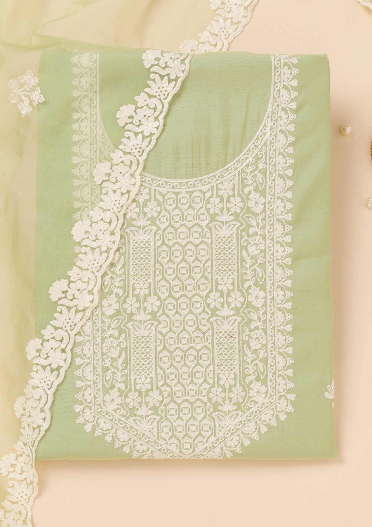 Pista Green Threadwork Semi Crepe Unstitched Salwar Suit-Koskii