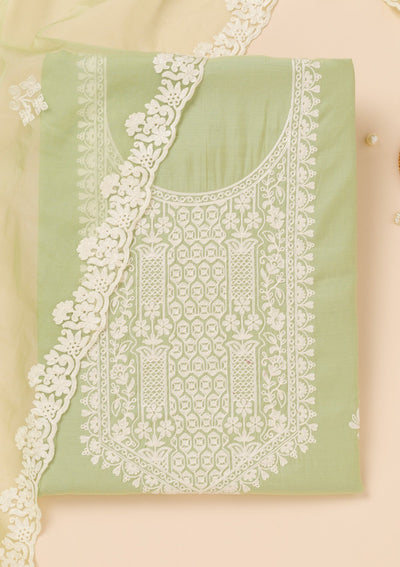 Pista Green Threadwork Semi Crepe Unstitched Salwar Suit-Koskii