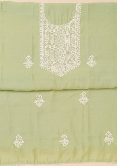 Pista Green Threadwork Semi Crepe Unstitched Salwar Suit-Koskii