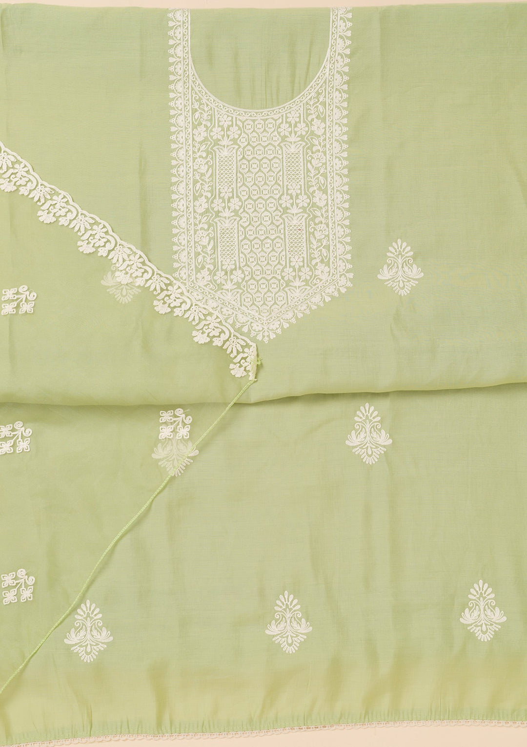 Pista Green Threadwork Semi Crepe Unstitched Salwar Suit-Koskii