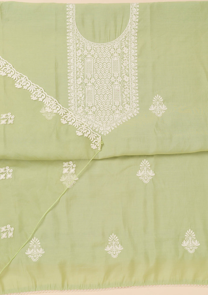 Pista Green Threadwork Semi Crepe Unstitched Salwar Suit-Koskii