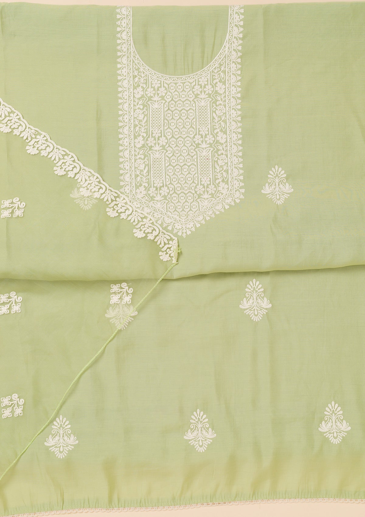 Pista Green Threadwork Semi Crepe Unstitched Salwar Suit-Koskii